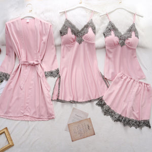 5PC Silk Robe Sleep Suit Womens Lace Satin Pajamas Gown