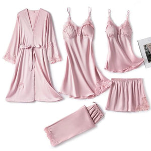 5PC Silk Robe Sleep Suit Womens Lace Satin Pajamas Gown