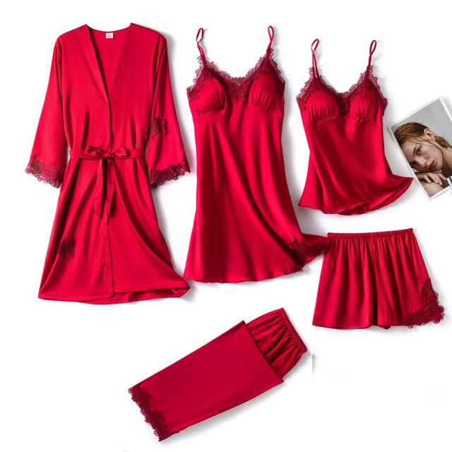 5PC Silk Robe Sleep Suit Womens Lace Satin Pajamas Gown