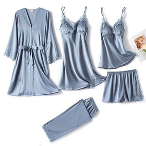 5PC Silk Robe Sleep Suit Womens Lace Satin Pajamas Gown